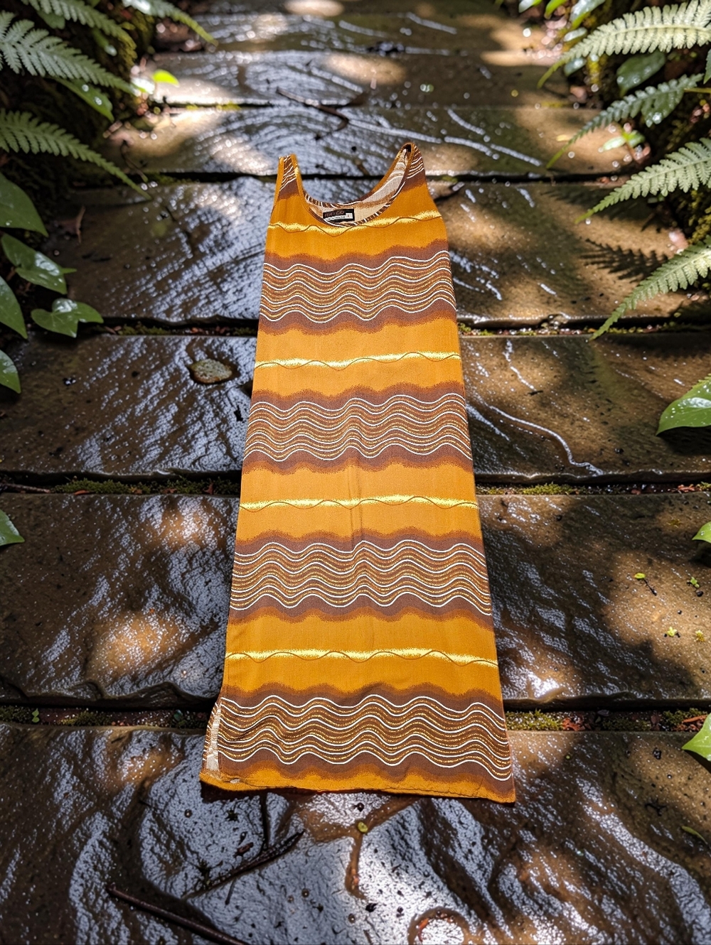 HATCO Yellow & Brown Wave-Print Tank Dress. Size L. Excellent Condition!